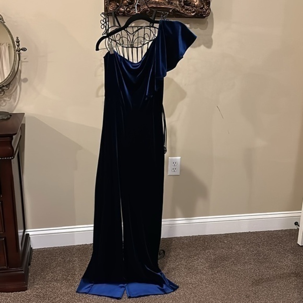 Karlie jumper one shoulder ruffle velvet midnight blue pants suit jumper stretch